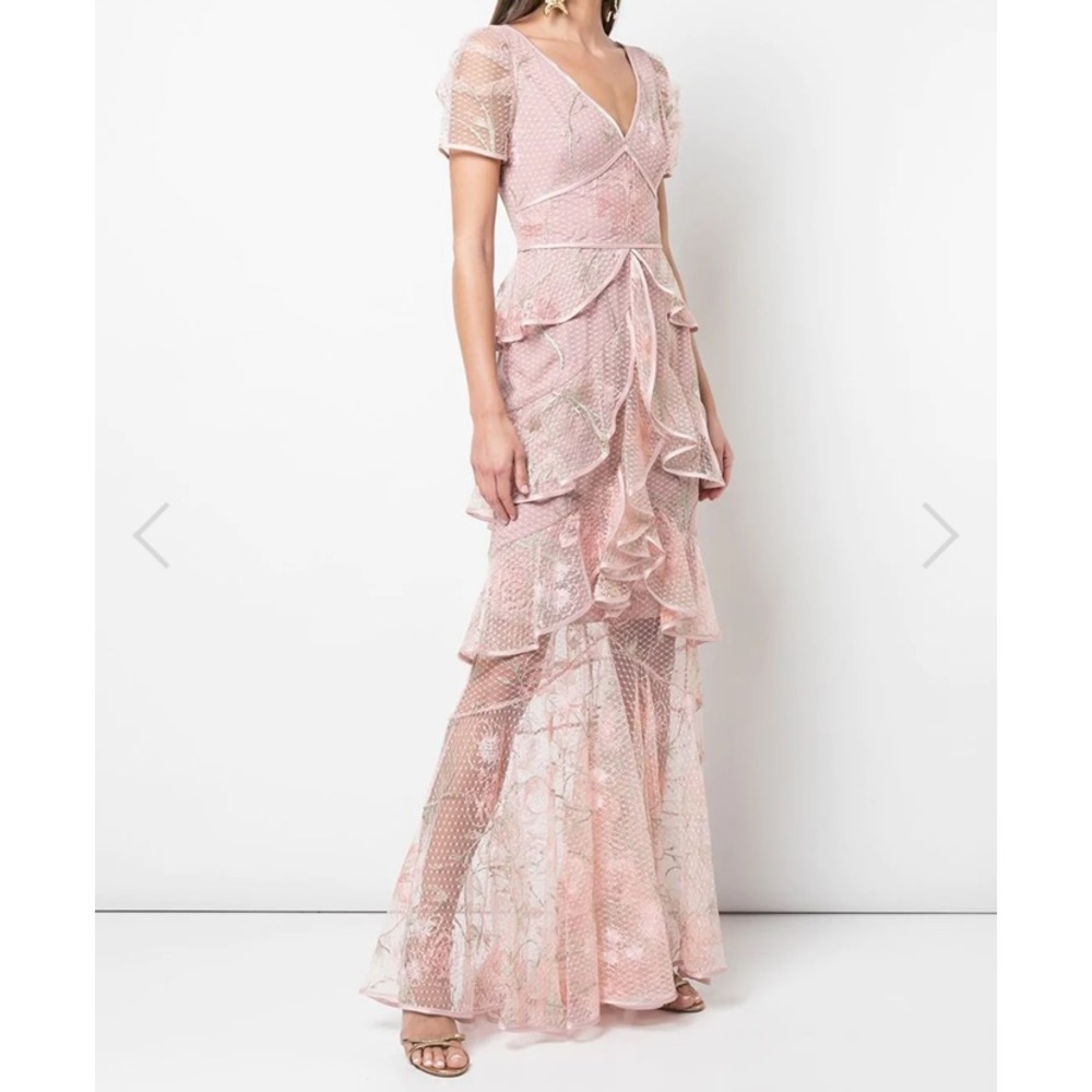 Marchesa Notte Blush Ruffle Tiered Short Sleeve Gown